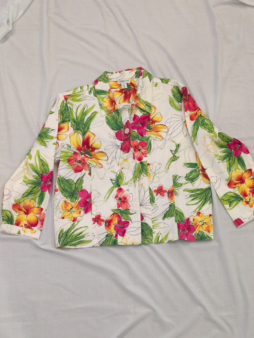 Coldwater Creek White Floral Jean Jacket with Pink & Yellow Flowers